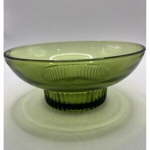 AVOCADO GREEN Vintage Glass Bowl ribbed bottom 6.5" diam.